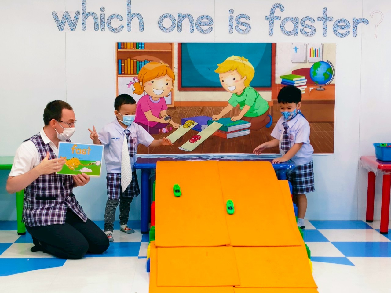 Children learning action verbs through LEGO play